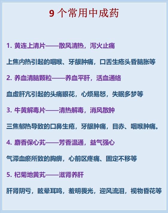 小病不往医院跑，这9个中成药，用好身体好！

以下内容仅作参考，涉及中成药不作推