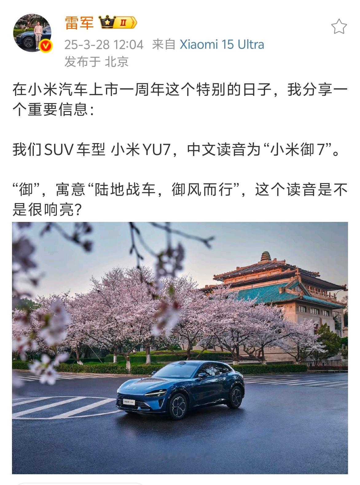 小米YU7，中文读音为“小米御7”，寓意“陆地战车，御风而行”，你觉得这名字起的