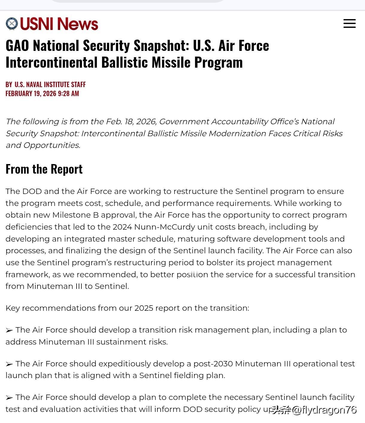 🚀🇺🇸 美国政府问责局 (GAO) 警告：哨兵洲际弹道导弹项目延期及民兵 