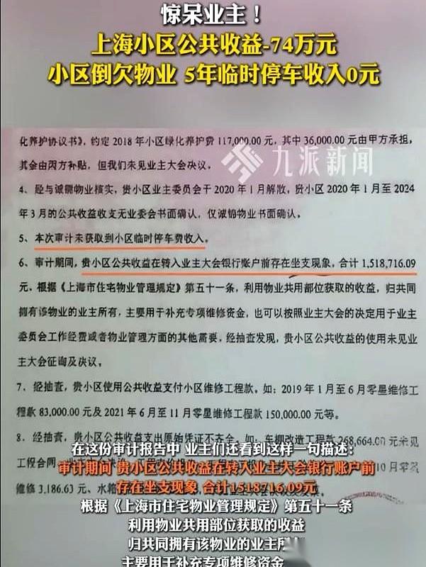 上海一个小区，业主们拿到审计报告，手都抖了。
账本上，小区五年公共收益，结余不是