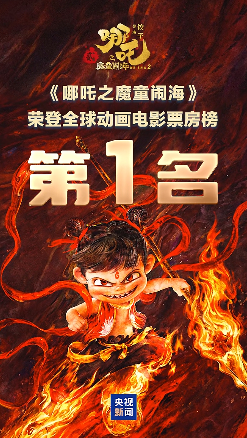 《哪吒之魔童闹海》累计票房超过《头脑特工队2》123.19亿元的票房记录，成为全