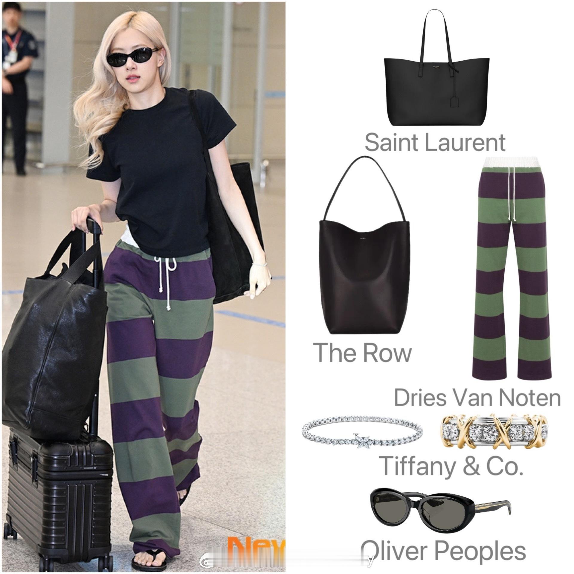 Rosé朴彩英昨日的机场私服解析，黑色T恤＋拼色休闲裤＋凉拖鞋，简约舒适又时髦洋