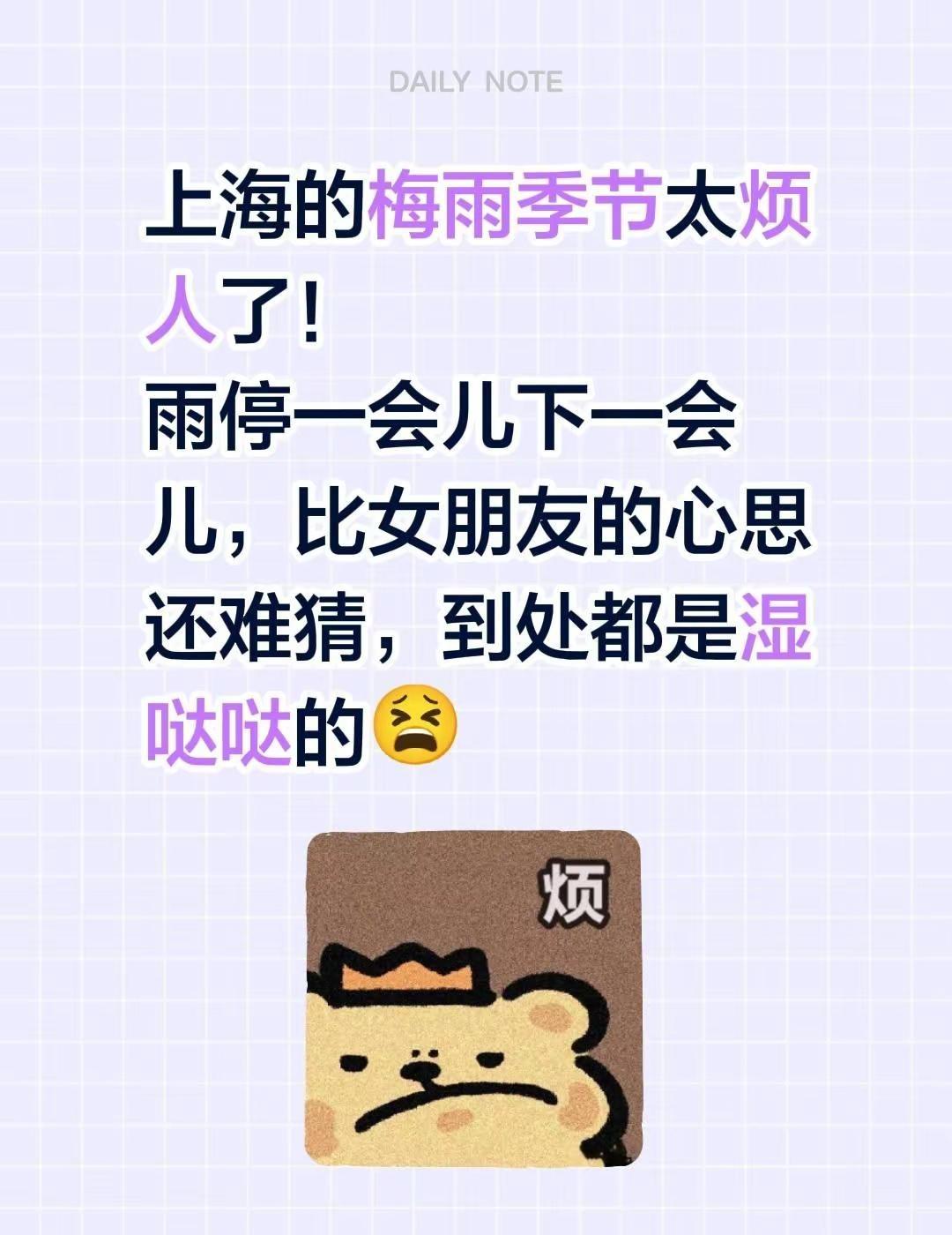 上海的梅雨季节太烦人了！雨停一会儿下一会儿，比女朋友的心思还难猜，到处都是湿哒哒