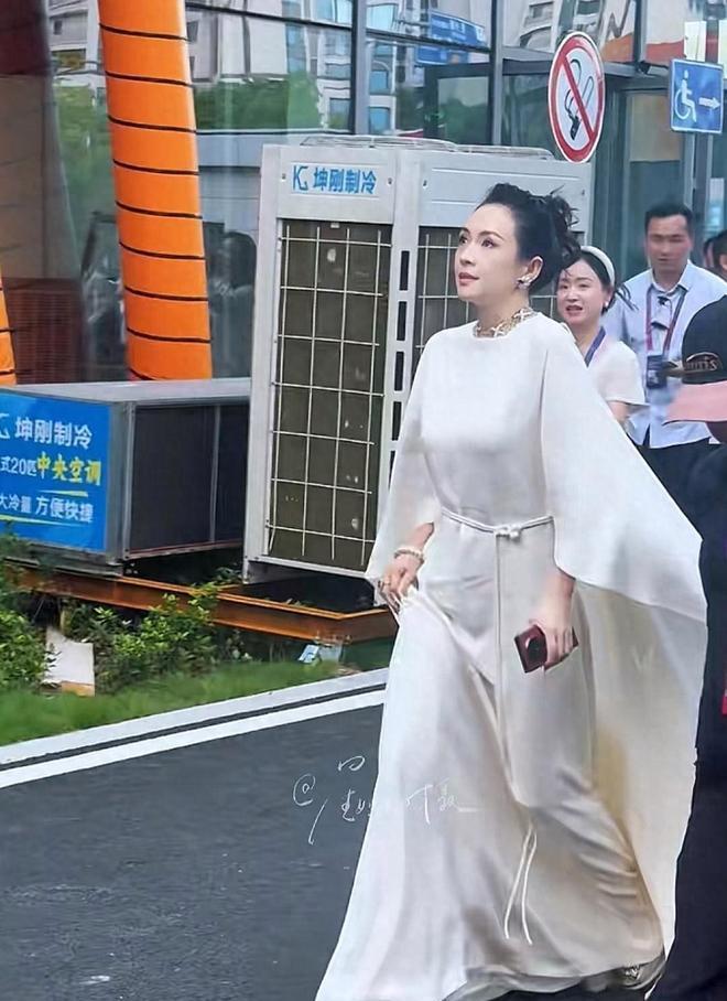 章子怡参加电影盛典，身着白礼服闪耀全场。助理殷旭（章子怡亲嫂子）以红色衣着引人注