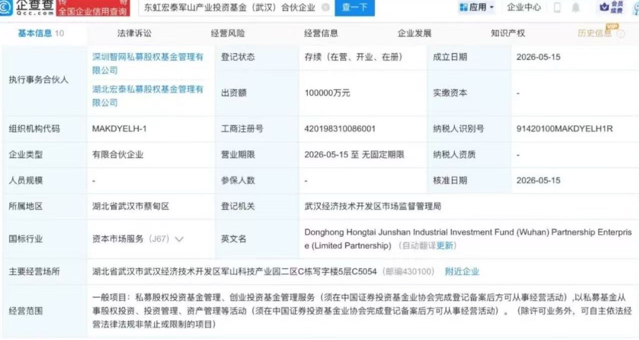 东风汽车 日前，东虹宏泰军山产业投资基金（武汉）合伙企业（有限合伙）成立，出资额