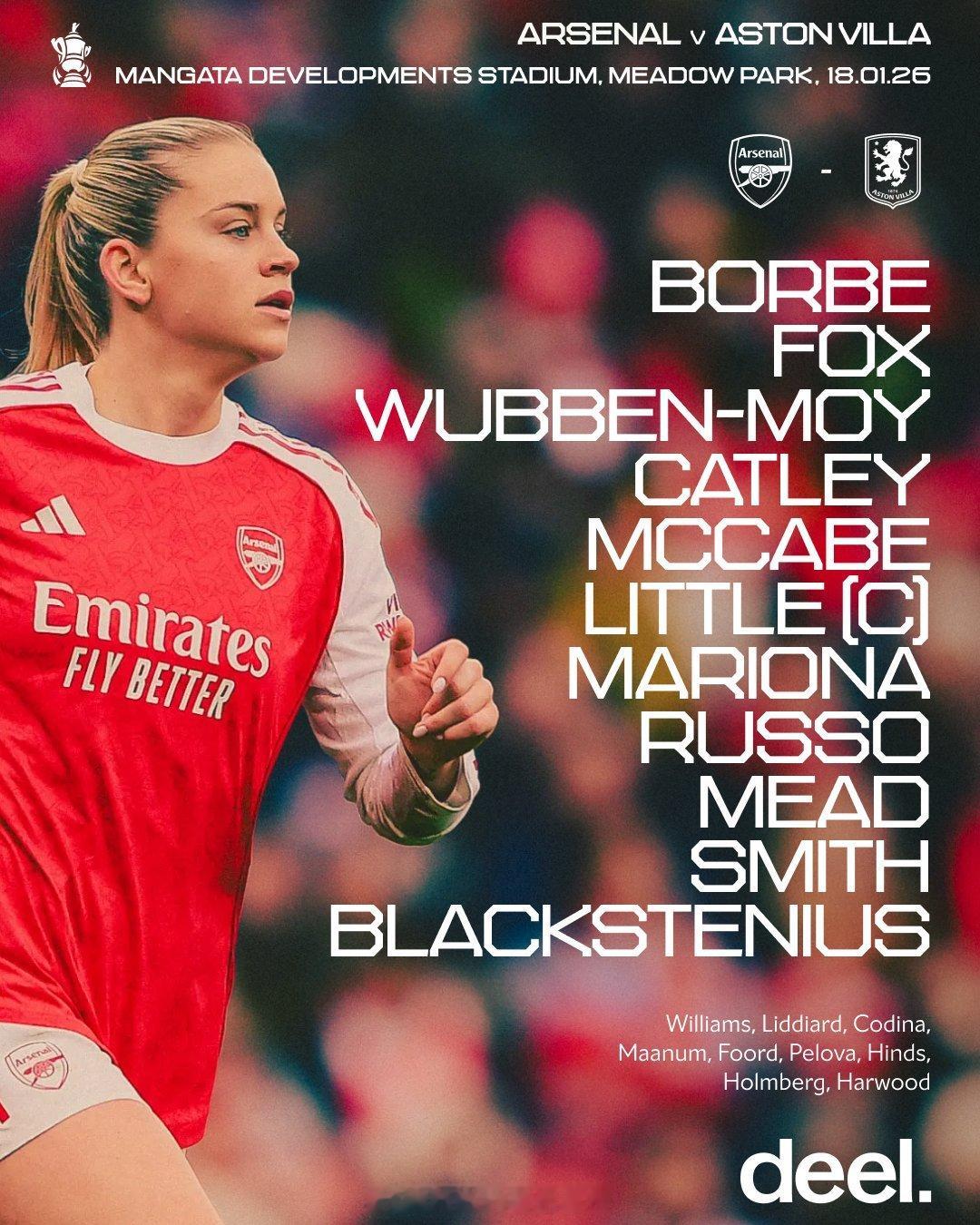 阿森纳女足今晚22:00足总杯主场迎战阿斯顿维拉女足首发已出，加油阿森纳！“我们