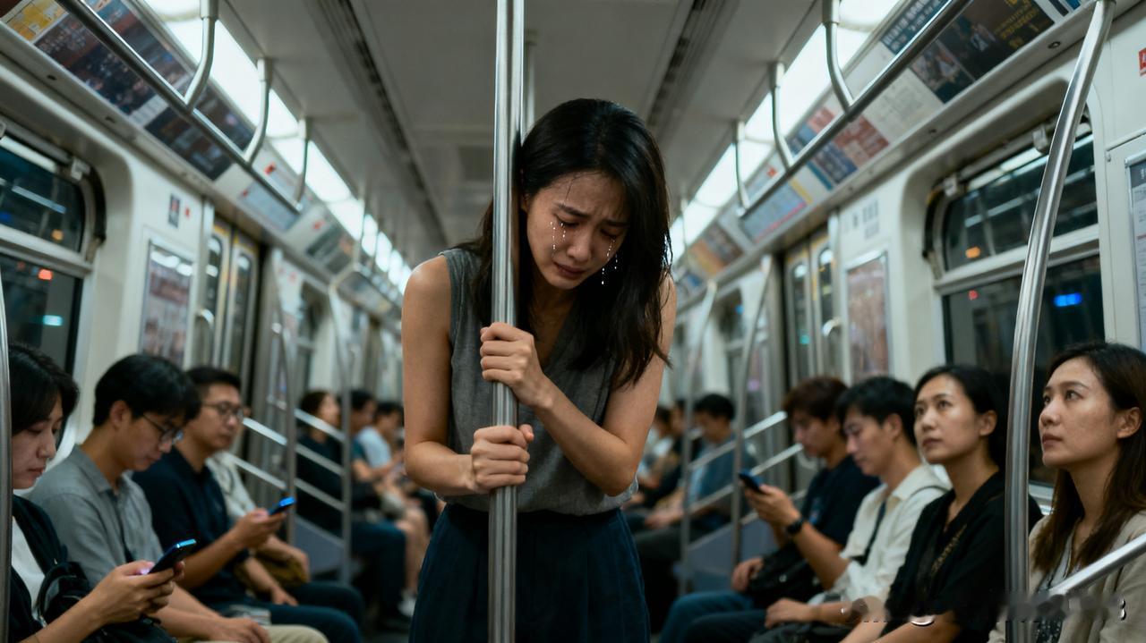 在上海的地铁车厢里，每天都上演着人生百态。近日，一位女子刚站稳便突然哭起来，她努