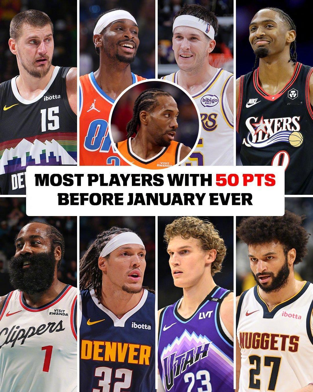 昨天的莱昂纳德是本赛季第9位拿到单场50+得分的球员！这是NBA历史上在进入1月