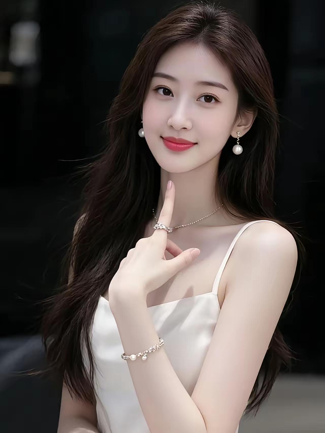 优雅气质，珍珠配饰，温柔微笑，完美女神