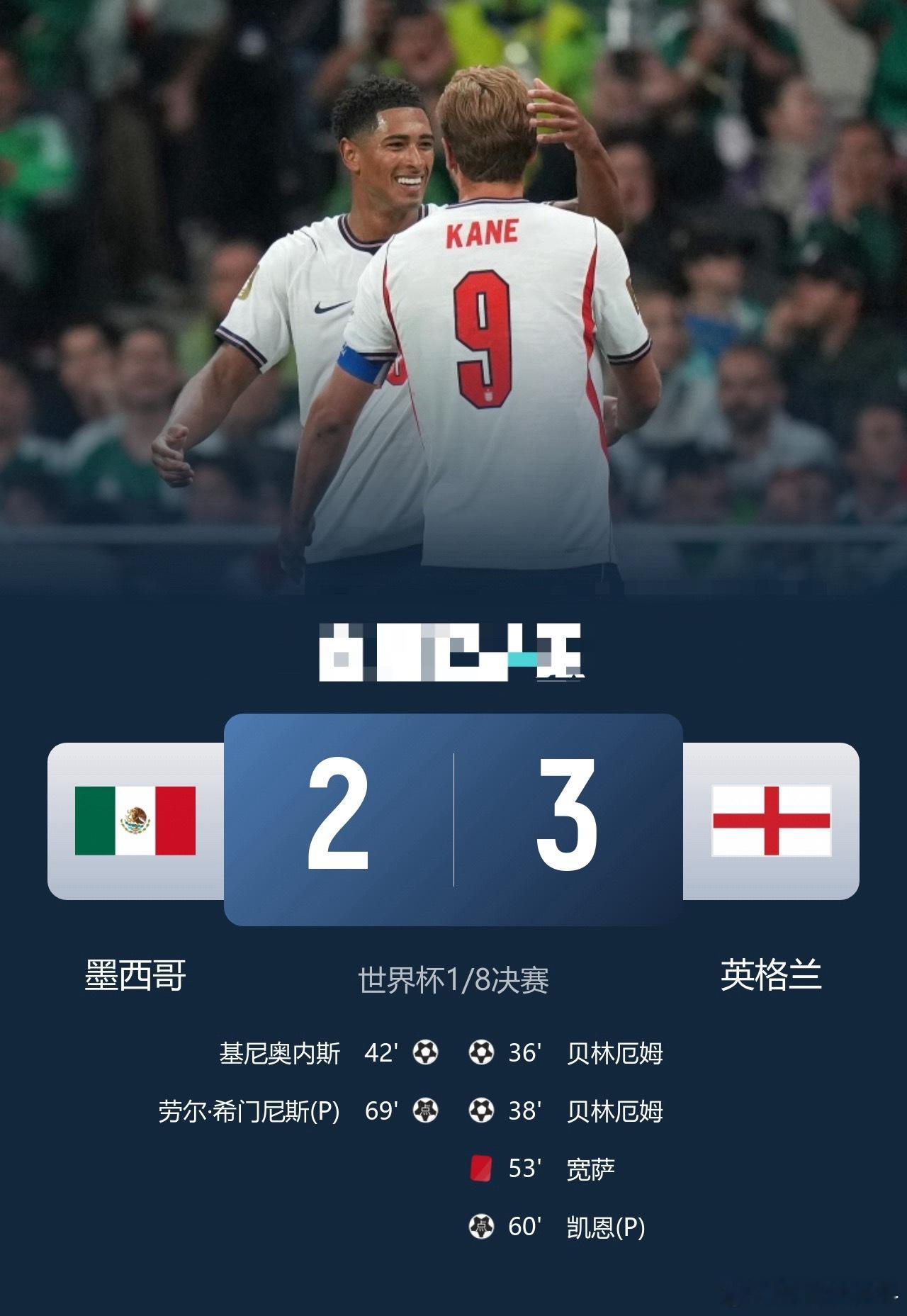险胜！十人英格兰3-2淘汰墨西哥贝林双响凯恩点射+送点宽萨直红足球世界杯   7
