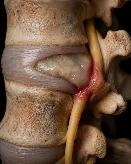 腰间盘突出具象化了。腰间盘突出，髓核破裂，直接压迫神经，那滋味要了老命。`腰间盘