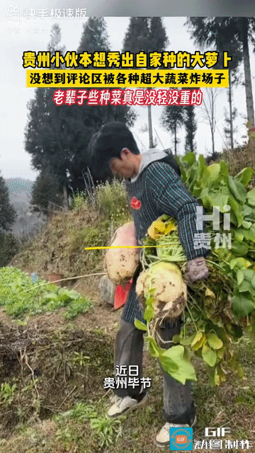 网友震惊了:贵州毕节，一男孩秀自己家种的超级大蔬菜，萝卜又长又粗，看样子少说也有