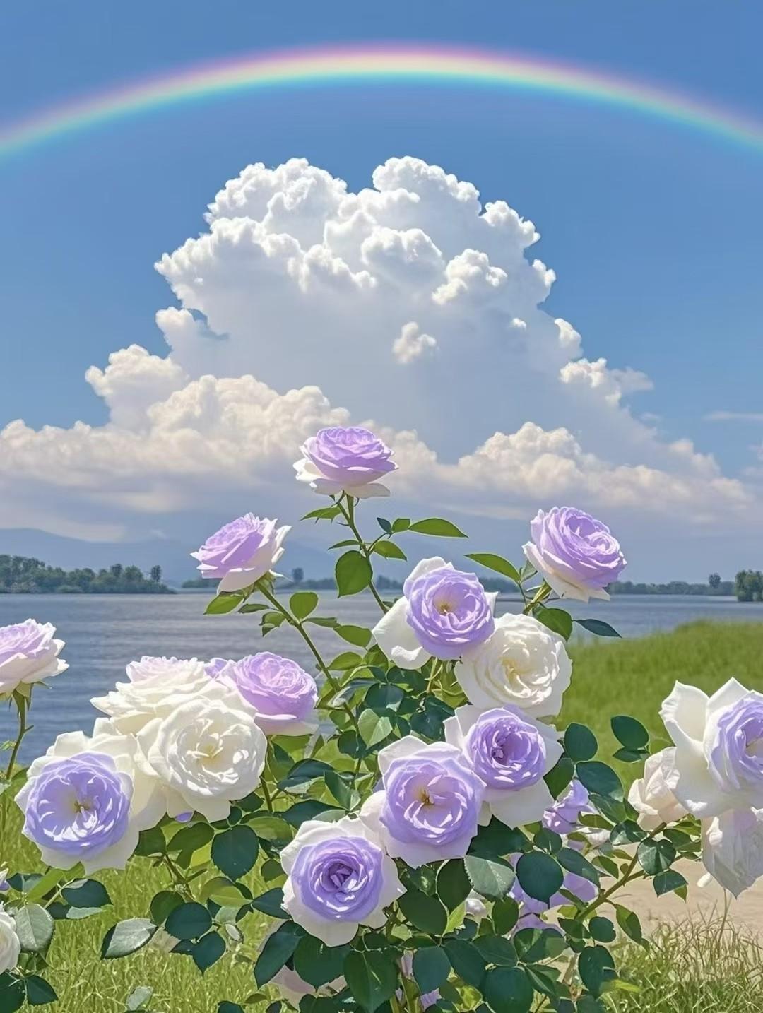 梦幻彩虹下的浪漫花海，感受大自然的美好与宁静。