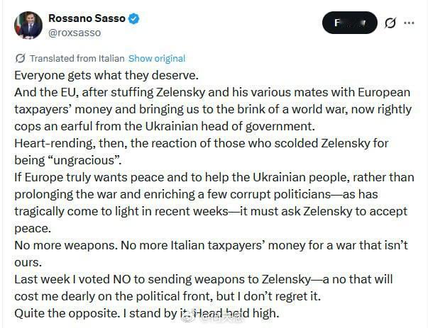 欧盟资助了泽连斯基，却因此承担了战争风险——意大利议员罗萨诺·萨索“不再提供武器