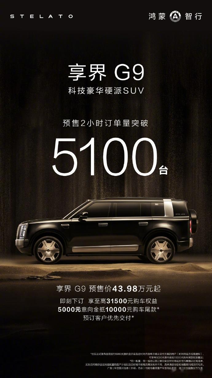 享界G9预售43.98万起8月5日，鸿蒙智行首款科技豪华硬派SUV享界G9开启预