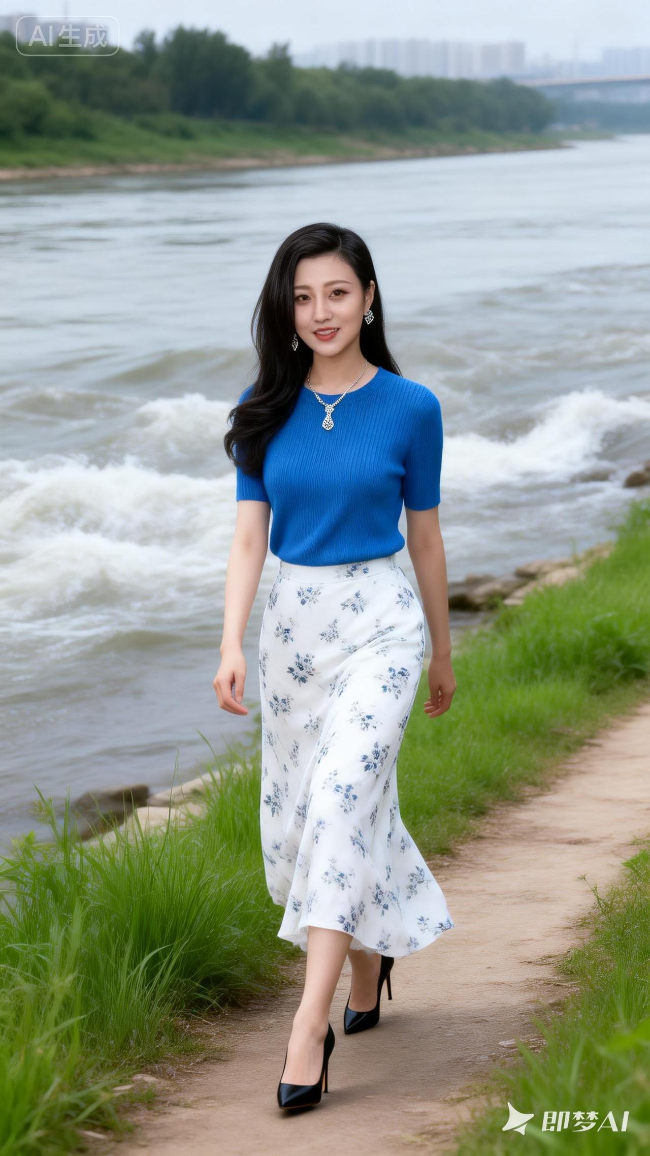 河畔漫步，蓝白相间，优雅动人
