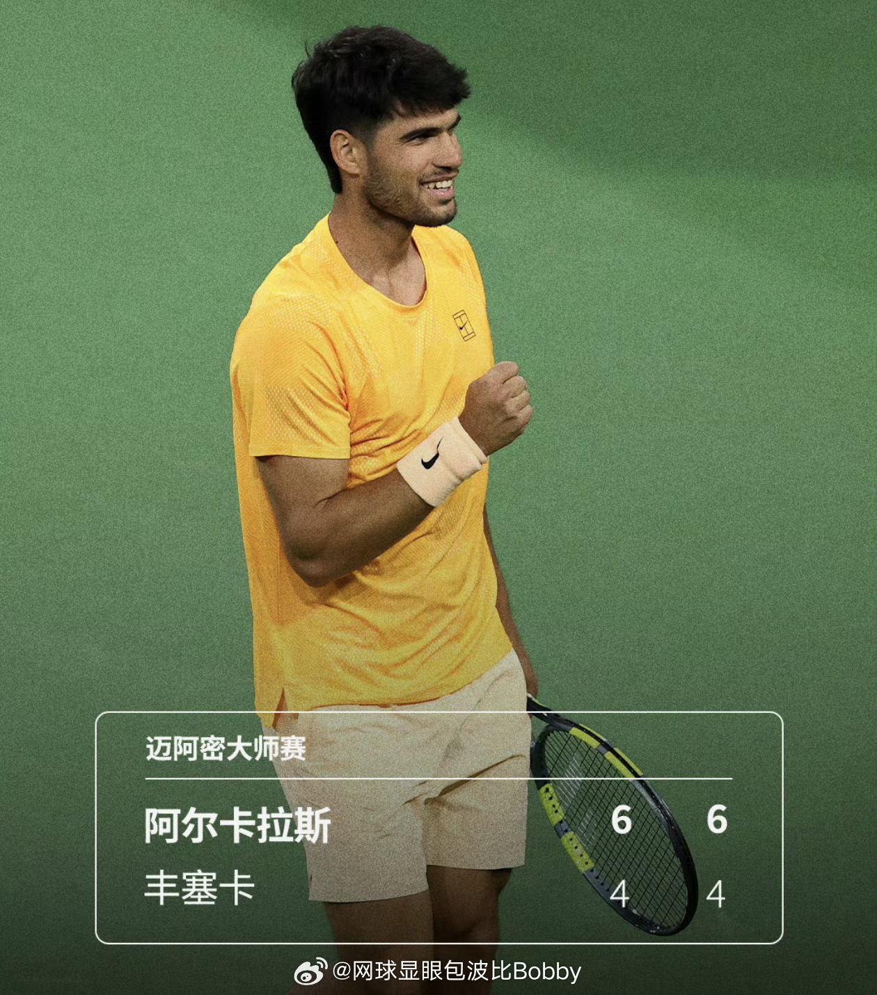 阿尔卡拉斯迈阿密赛开门红 迈阿密大师赛第二轮，世界第一阿尔卡拉斯以6-4 6-4