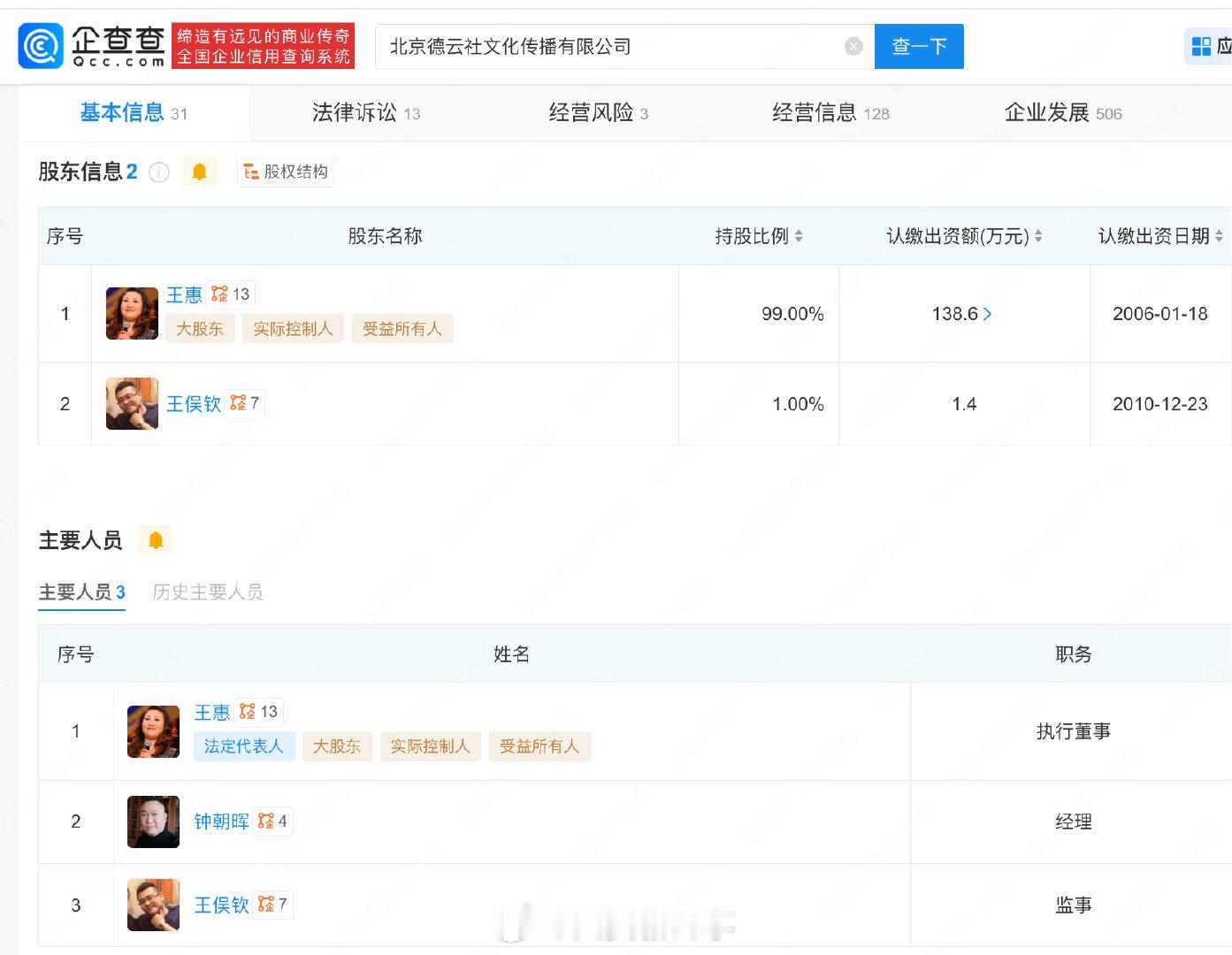 【德云社由郭德纲妻子王惠持股99%】郭麒麟未持股德云社担任高管近日，德云社班主郭