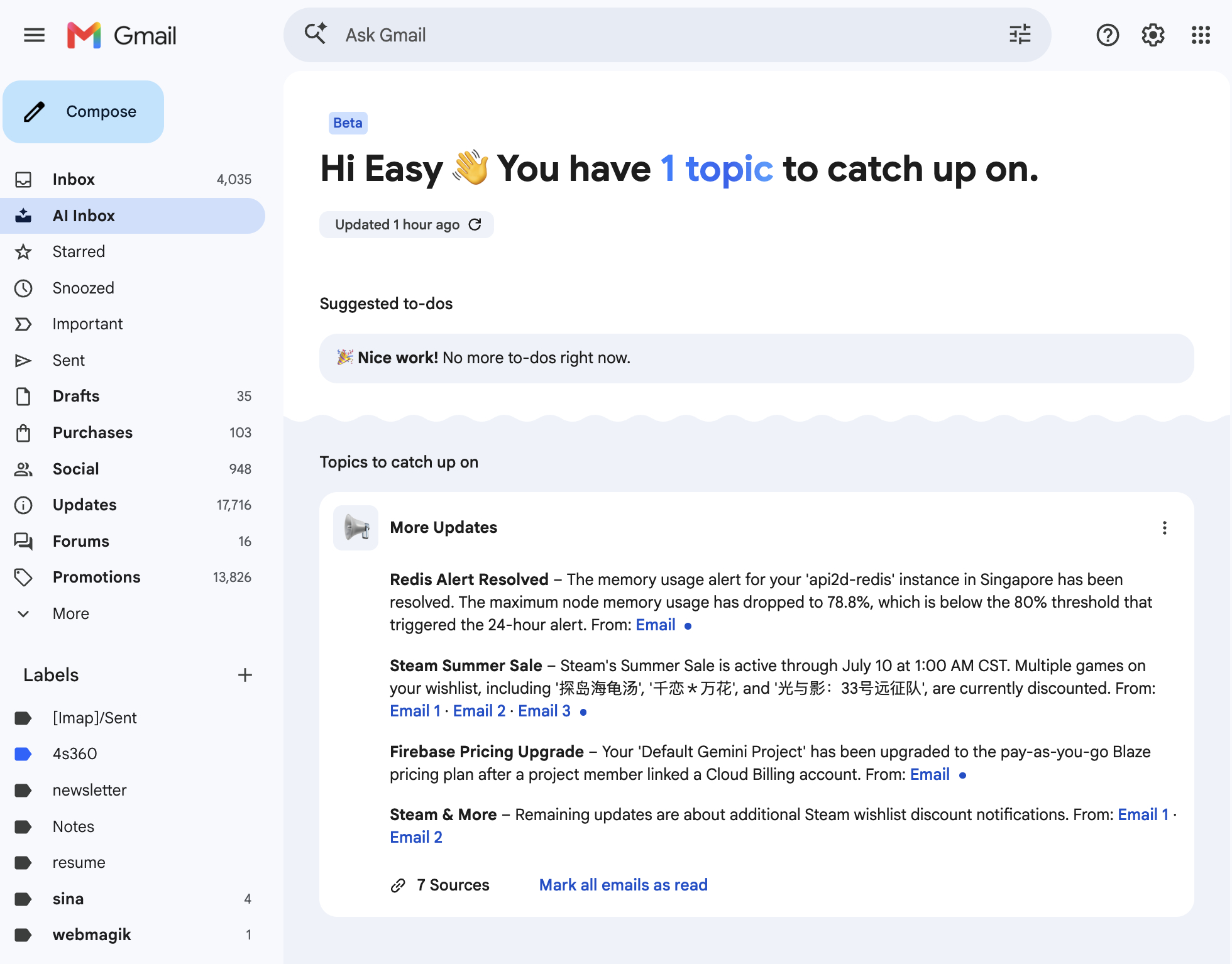 Easy同学正在独立开发   Gmail 上 AI Inbox 了，还挺好用……