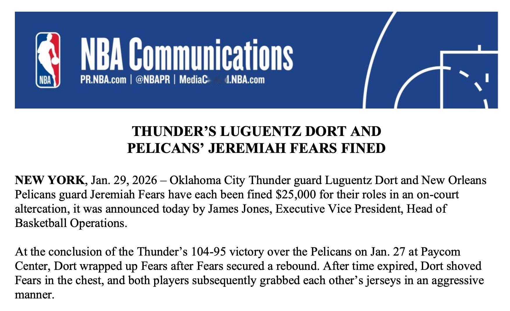 多尔特与费尔斯因在场上发生冲突，各被罚款25000美元。雷霆战胜鹈鹕雷霆vs森林