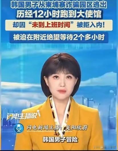 韩国男子冒险逃出柬埔寨电信诈骗园区，经历12小时跑到韩国大使馆求救。
没想被大使