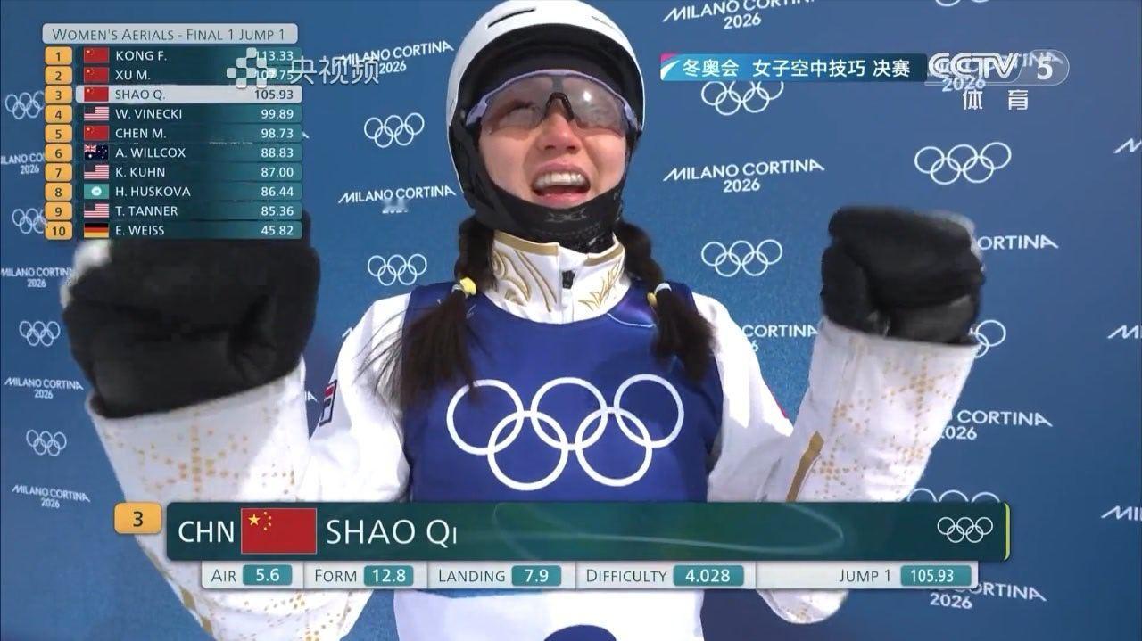 米兰冬奥会女子空中技巧决赛第一跳邵琪105.93分孔凡钰113.33分 