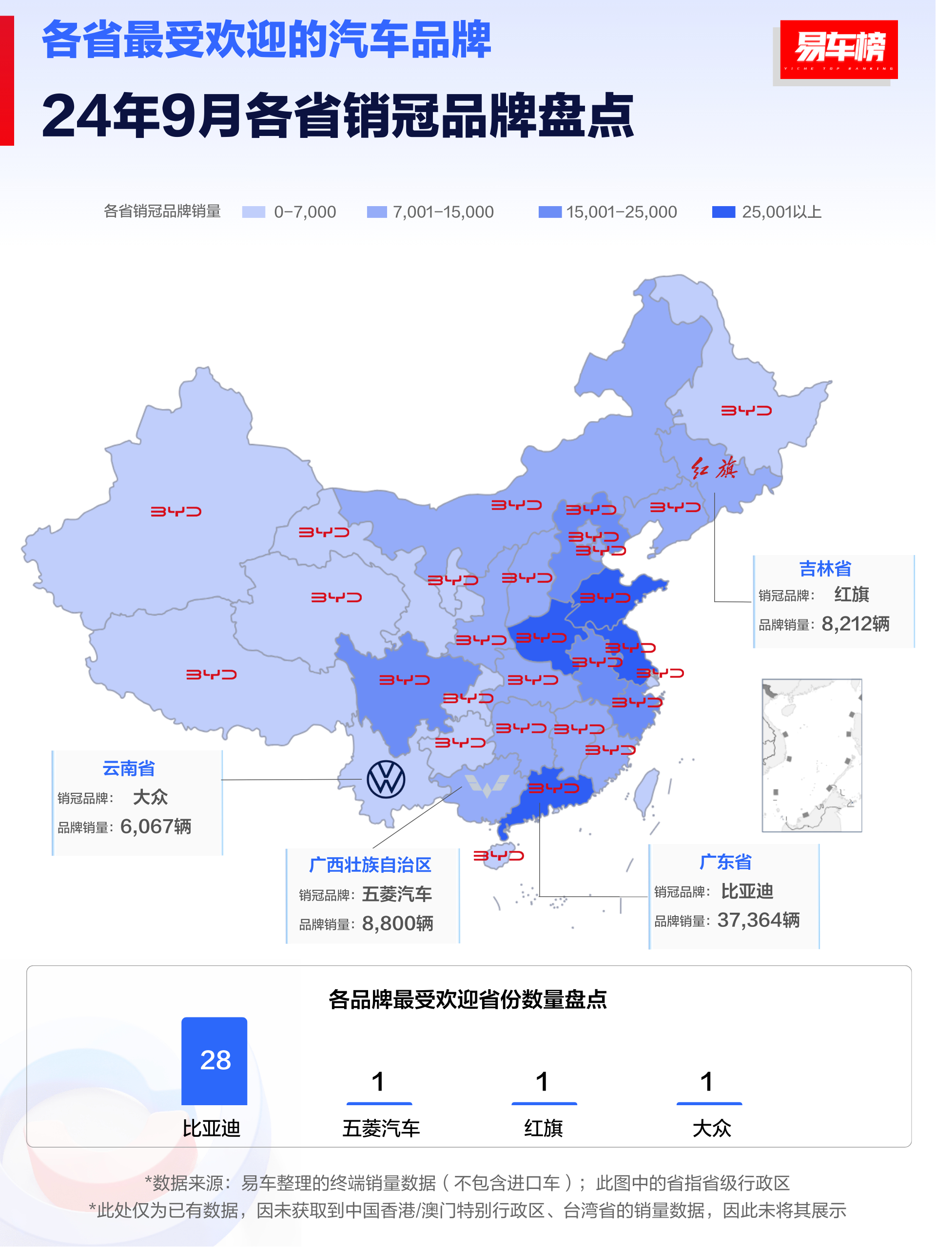 这张图有意思9月各省销冠品牌盘点，一地图全是BYD，不知道的人还以为汽车品牌就剩