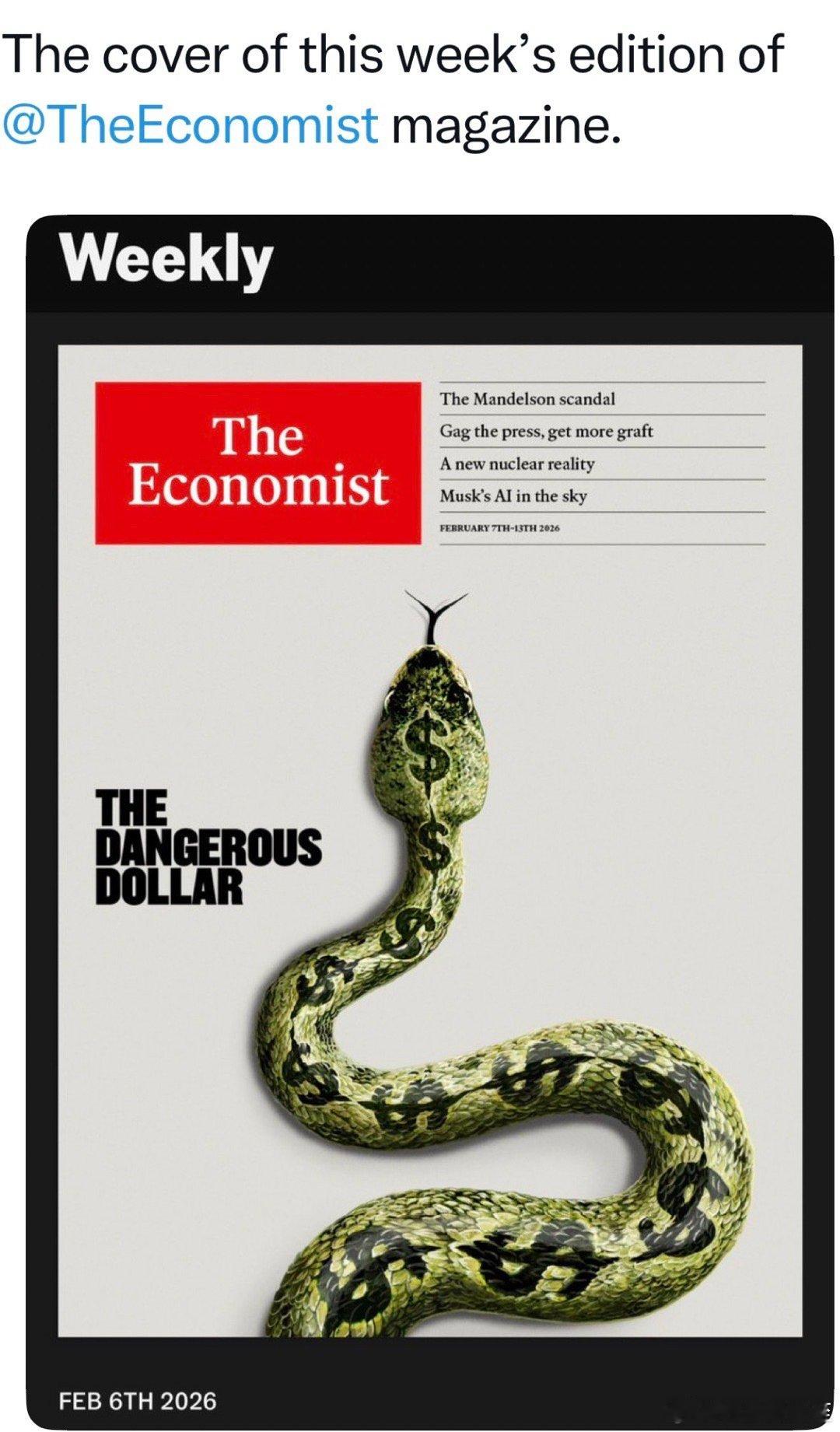 《经济学人》最新封面，配图惊悚主题：美元资产，危机四伏 