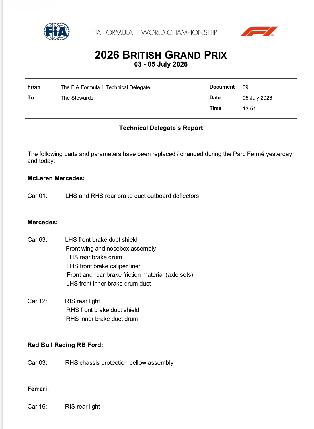 63号车在封闭维修期间（Parc Fermé）更换/修改以下部件或参数:左前刹车