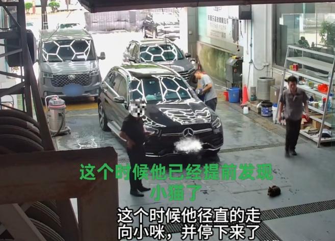 近日，广东一男子到洗车店内洗车，他明明看到地上躺着一只小猫，仍然直接轧了过去。这