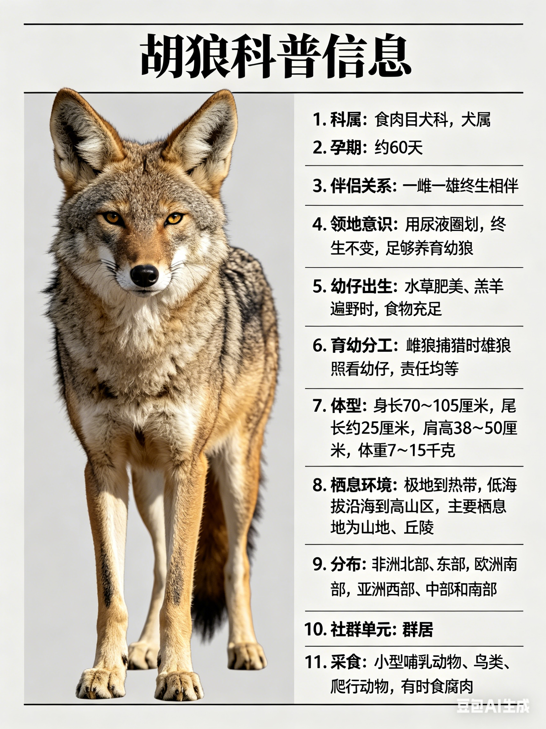 奇妙生物圈 胡狼别名：无科属：食肉目犬科，犬属孕期：约60天胡狼通常一雌一雄结成