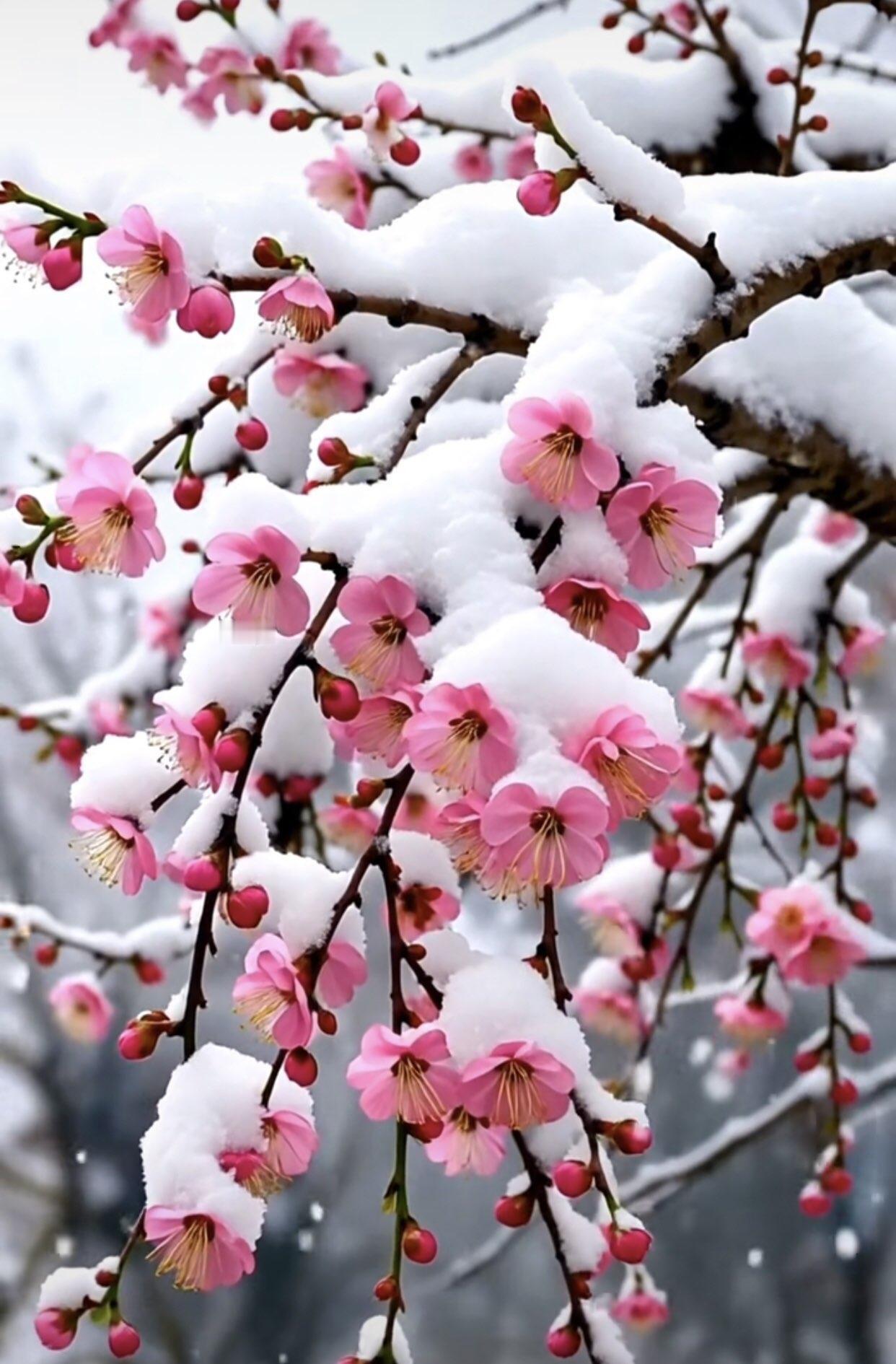 粉雪之约
雪落纷纷似梦绯，
人间幻入粉花飞。
清姿漫舞添佳趣，
别样浪漫心底归。