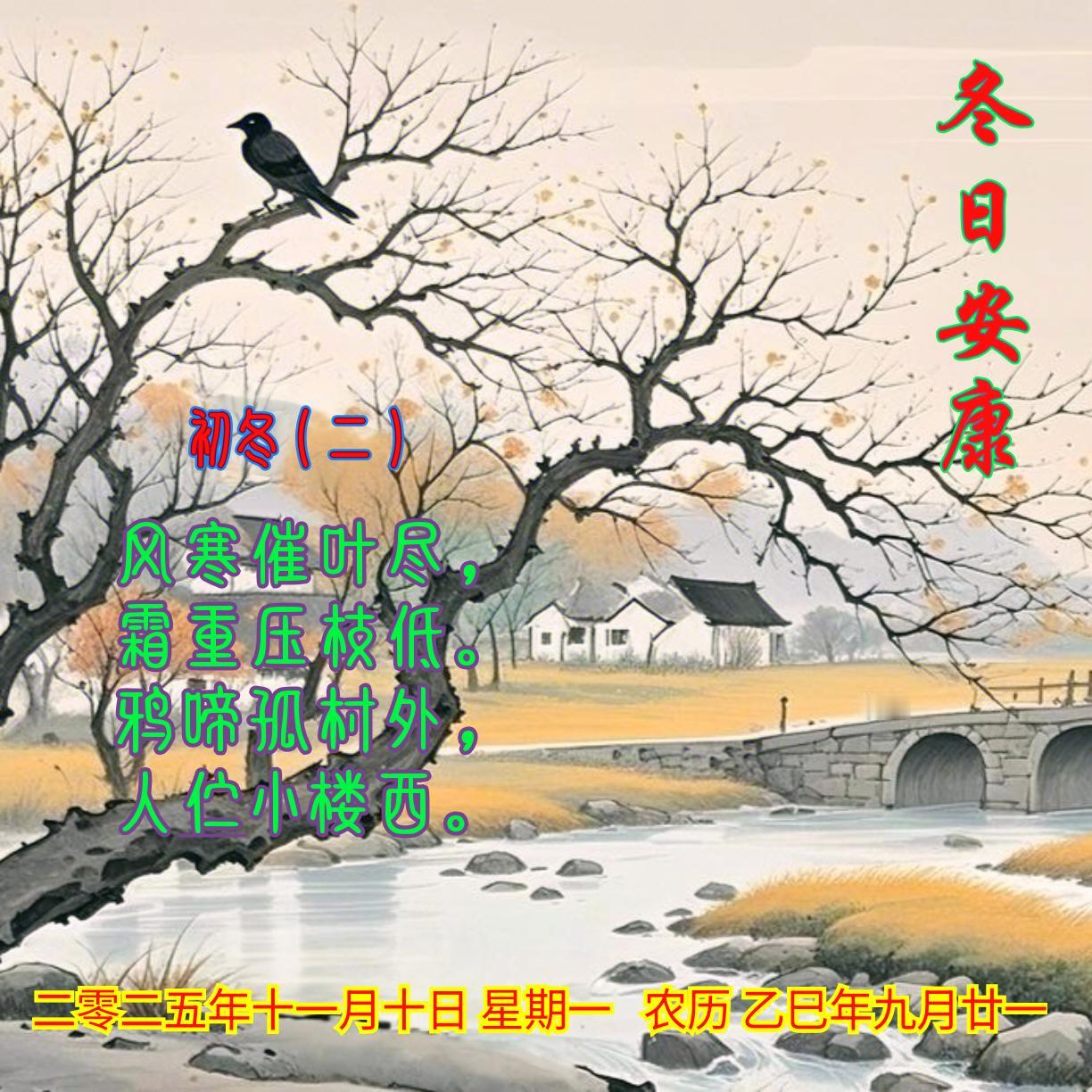 初冬（二）
风寒催叶尽，
霜重压枝低。
鸦啼孤村外，
人伫小楼西。