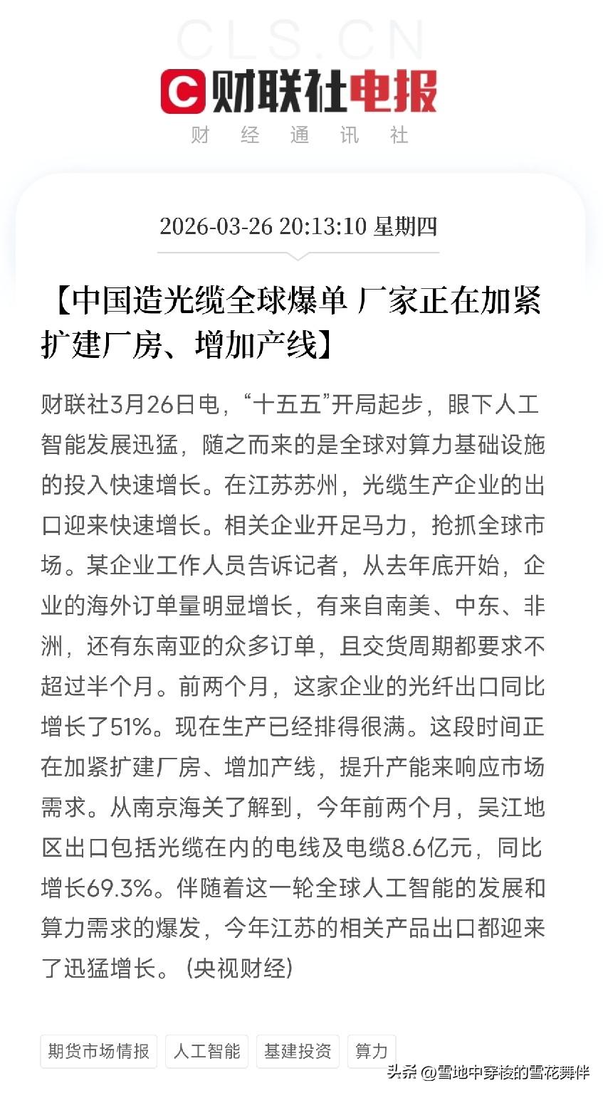 中国光缆全球爆单！
出口暴涨69%，工厂加班扩建，AI把光纤都买空了，释放什么信