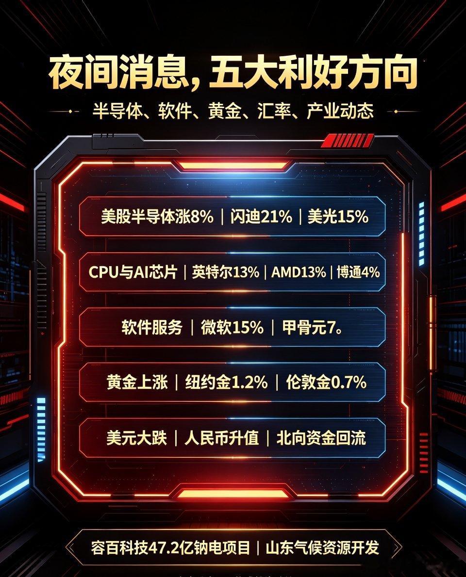 美股芯片半导体反弹A股夜间重要消息面汇总一、美股科技板块全线大涨，外围科技情绪回