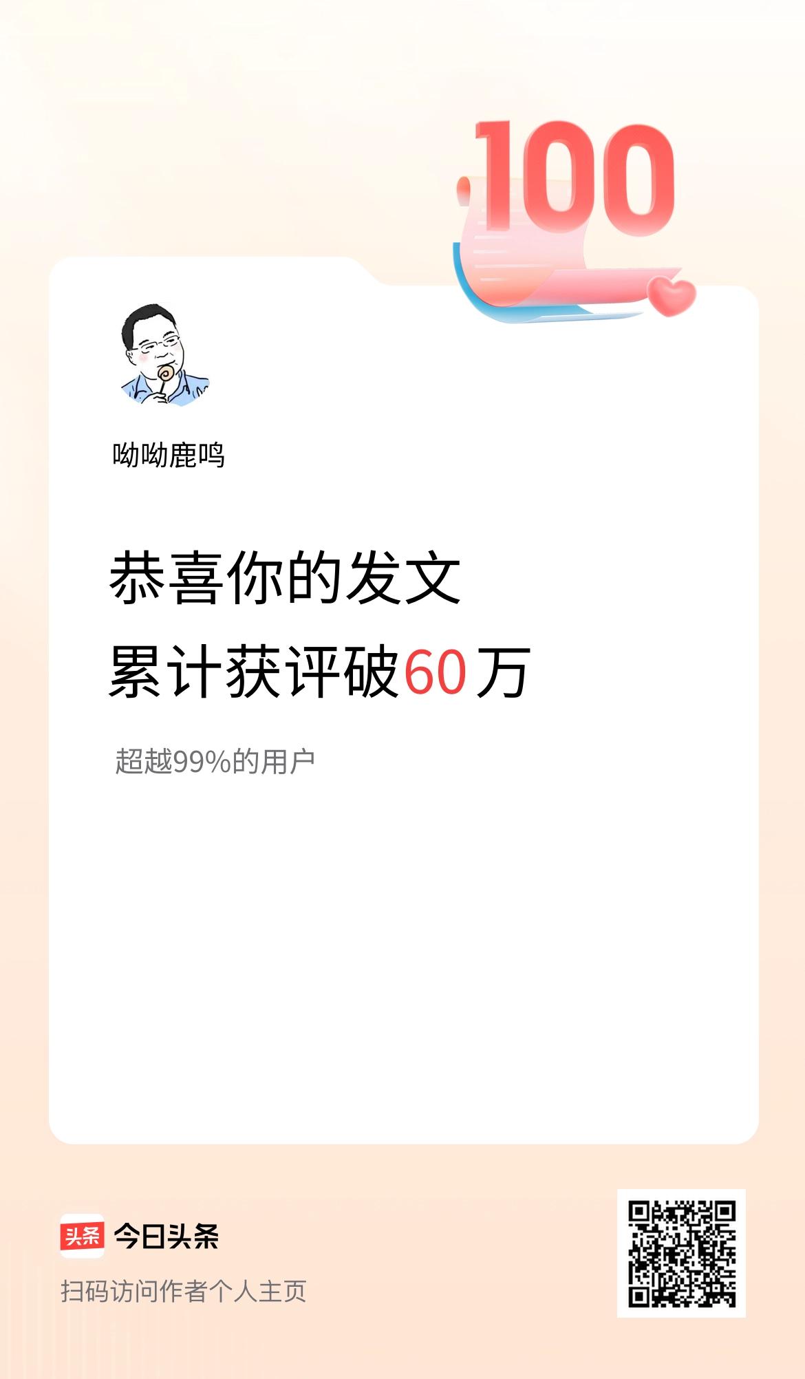 我在头条累计获评论量破60万啦！