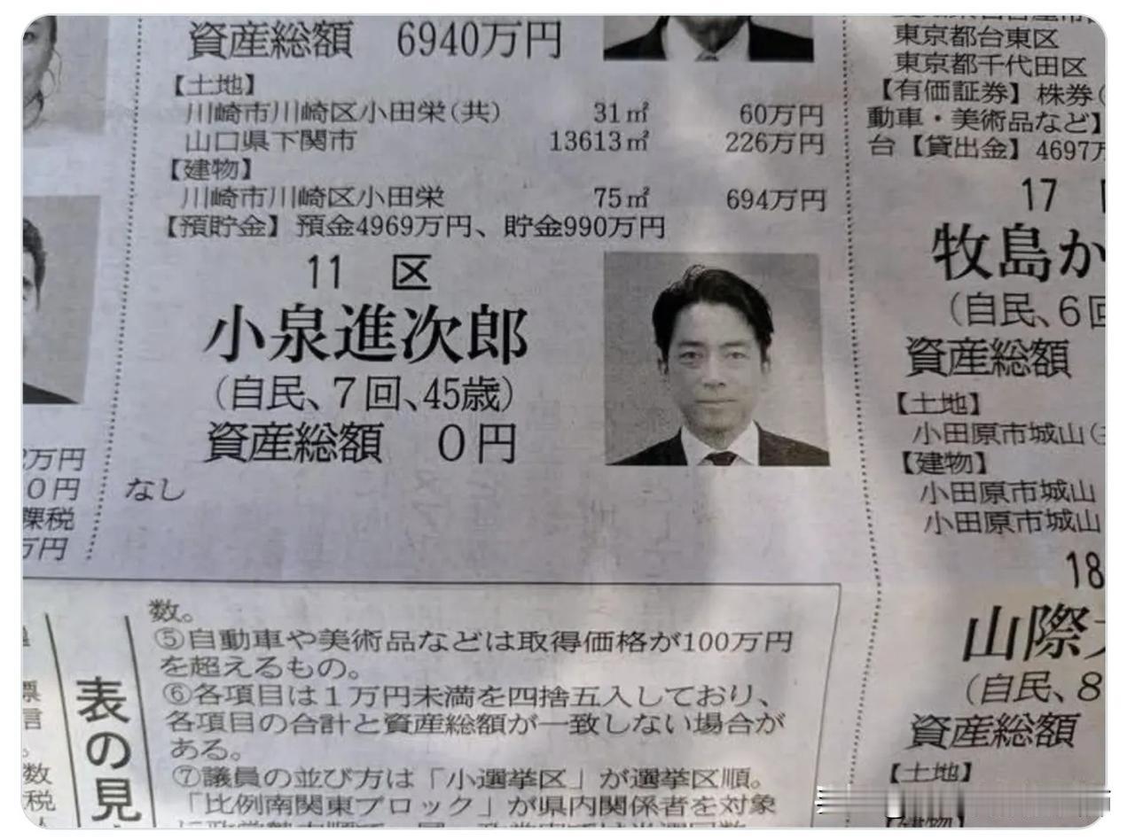 7月21日，日本2026年2月份当选的465名众议院议员的资产公布。其中，小泉纯