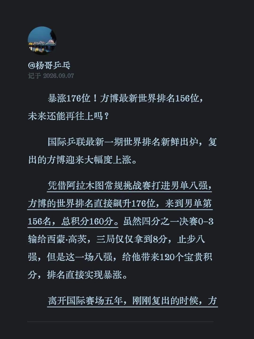 暴涨176位！方博最新世界排名156位，未来还能再往上吗？国际乒联最新一期世界排