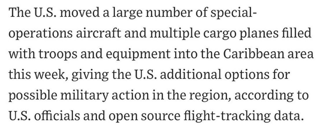 突发新闻：华尔街日报：本周，美国向加勒比地区调集了大量特种作战飞机和多架满载部队