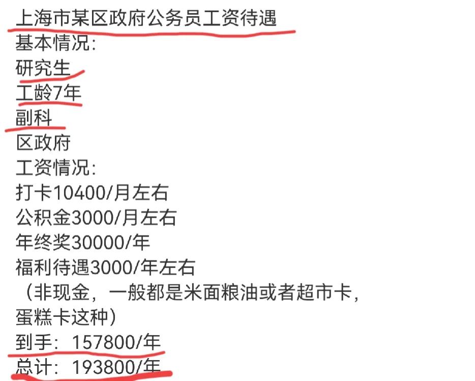 上海某区政府公务员待遇，研究生毕业，工龄七年，副科。年收入不到20万。
深圳某区