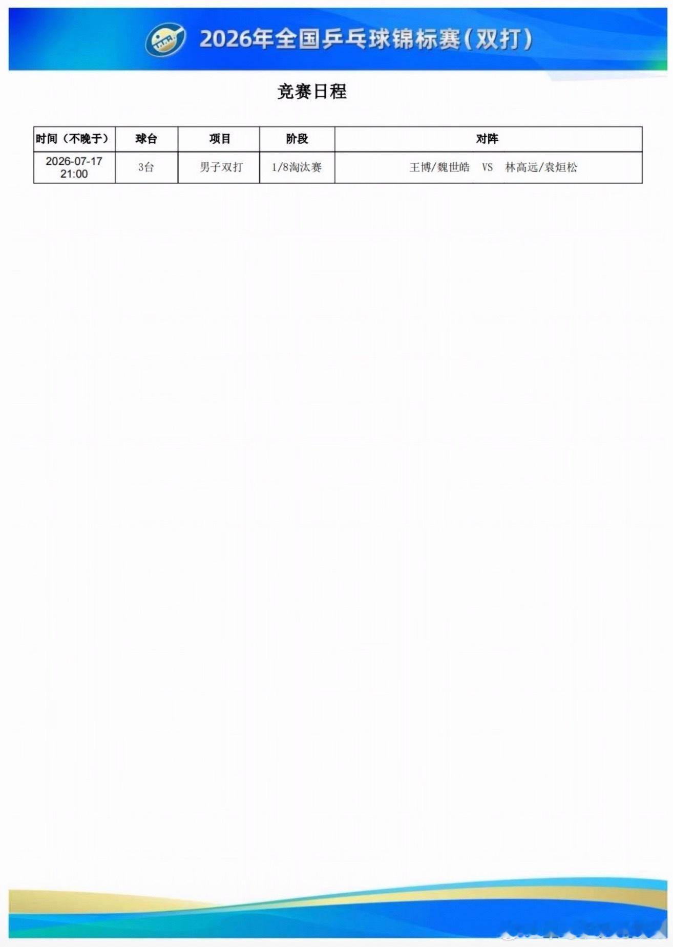 2026长沙全锦赛7.17早间赛程10:00T1姚睿轩/姜依依VS李雅可/张翔宇