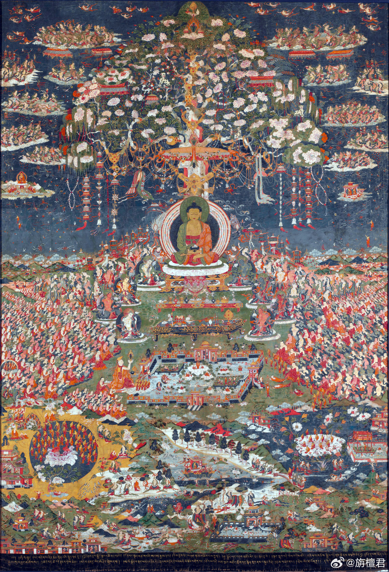 唐卡艺术 西方极乐世界唐卡约1700年材质：棉布彩绘泥金尺寸：142.9×100