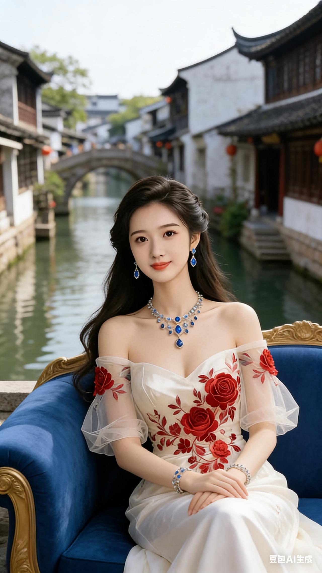 江南水乡的青石板街头，美人静坐。乌篷船轻摇过石桥，水波漾着温柔。她身着红花朵缀饰