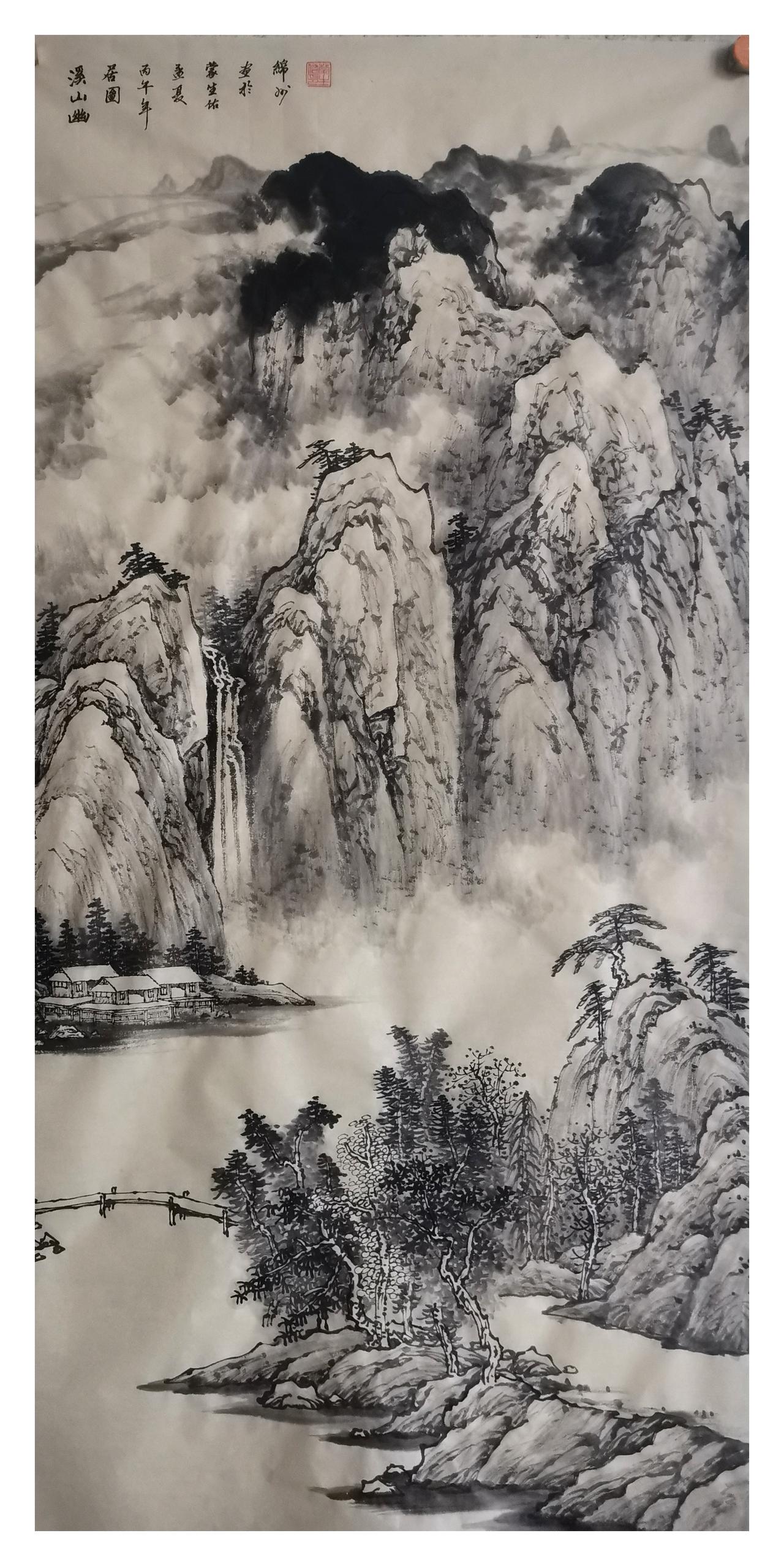 中国原创山水画作品欣赏：
四尺传统水墨仿古山水画水墨风格山水画 宁静的山水画 水