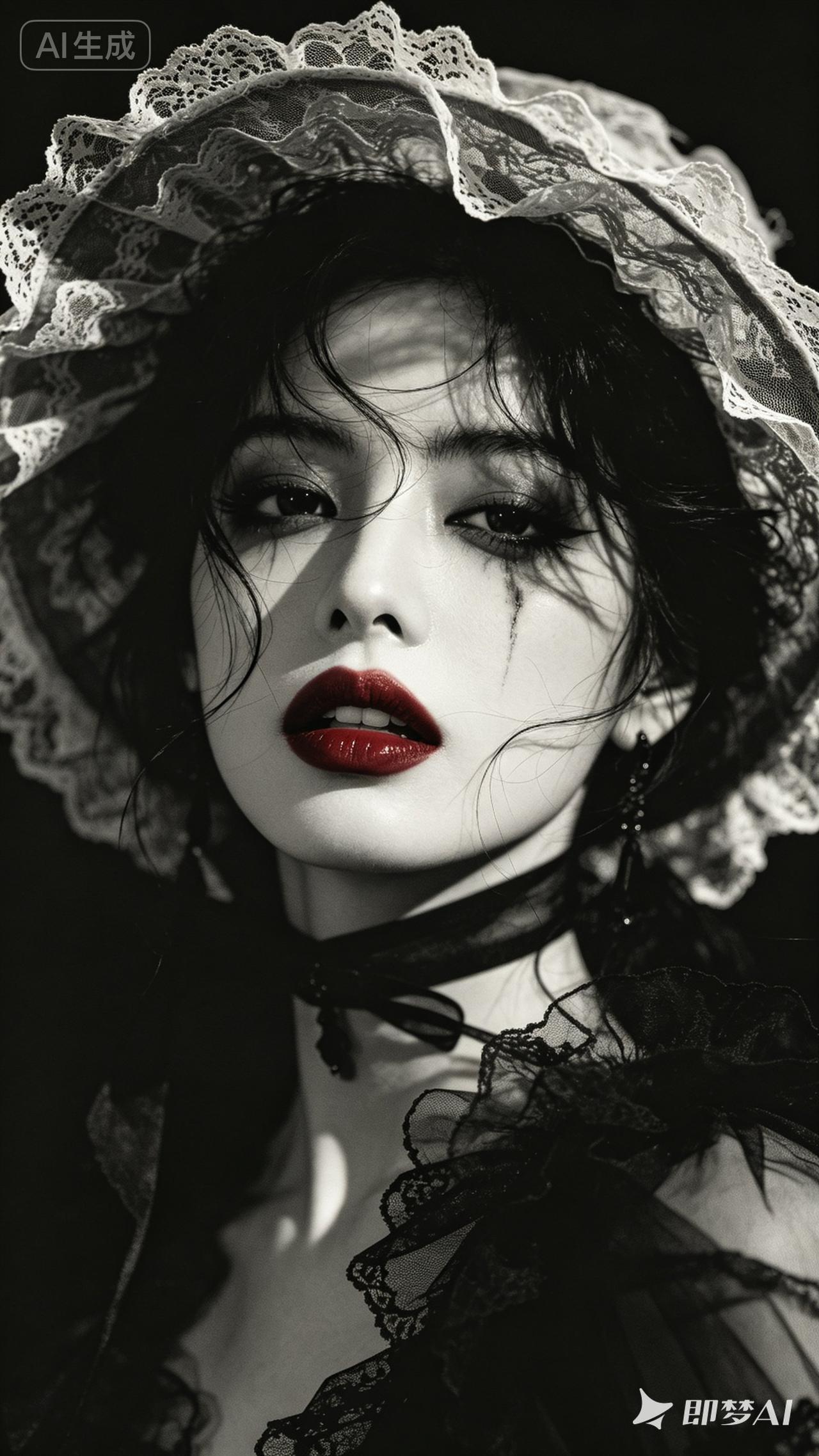 哥特风少女，黑纱与红唇的绝美碰撞