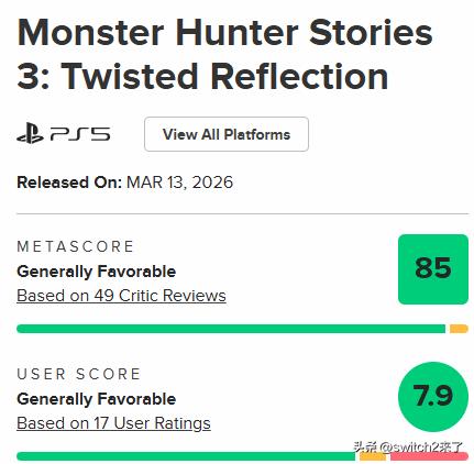 《怪物猎人物语3：命运双龙》已正式发售，游戏媒体口碑十分出色，M站媒体均分85，