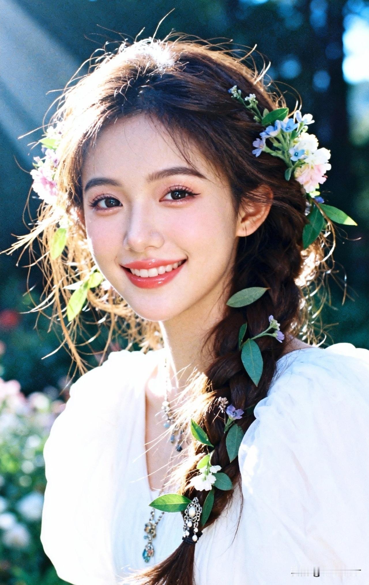 阳光下的花环少女，微笑如花🌸🌸🌸