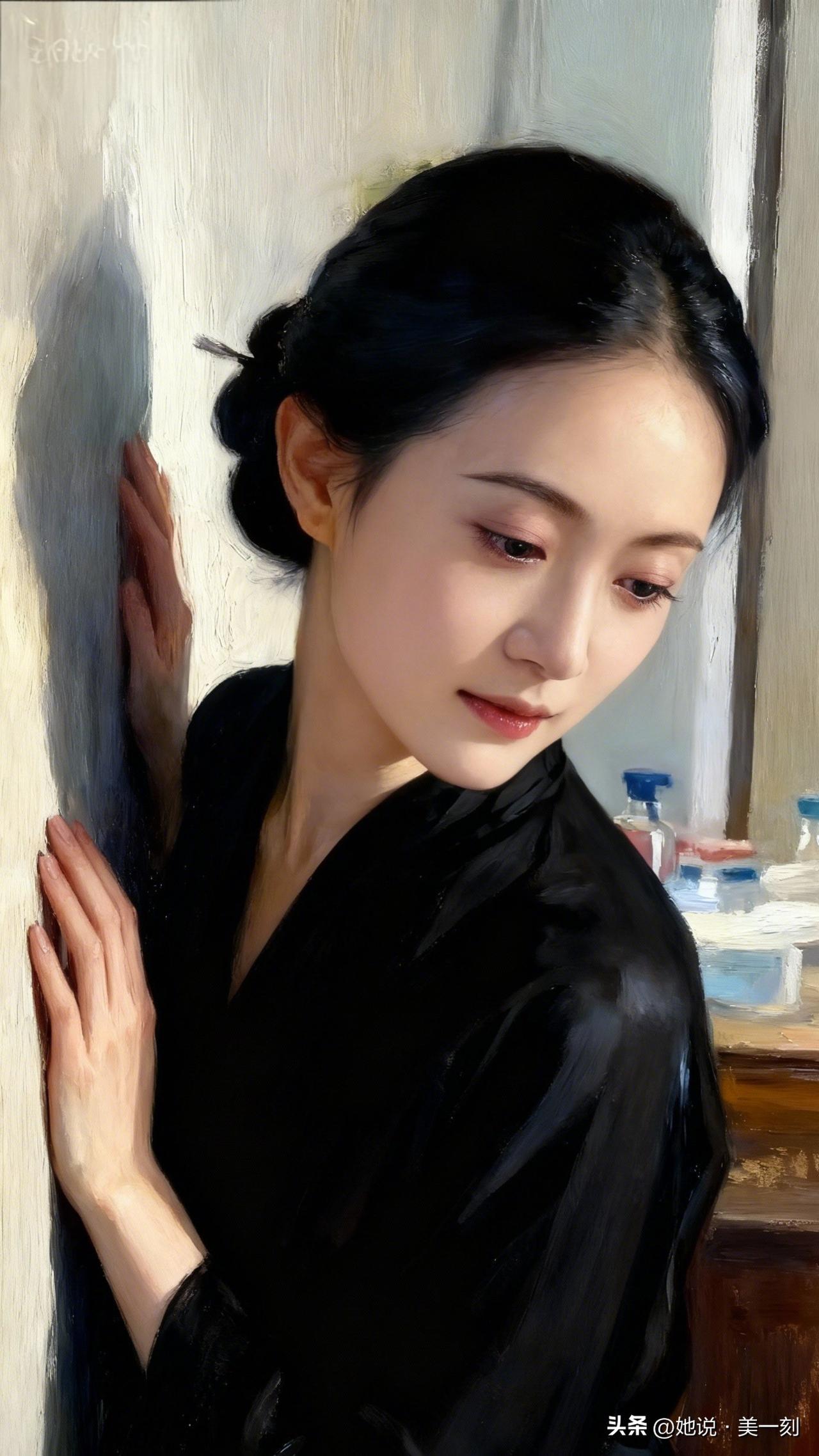沉思的瞬间，黑衣少女倚靠墙边，静谧而优雅。有哪些美女让人过目难忘？
