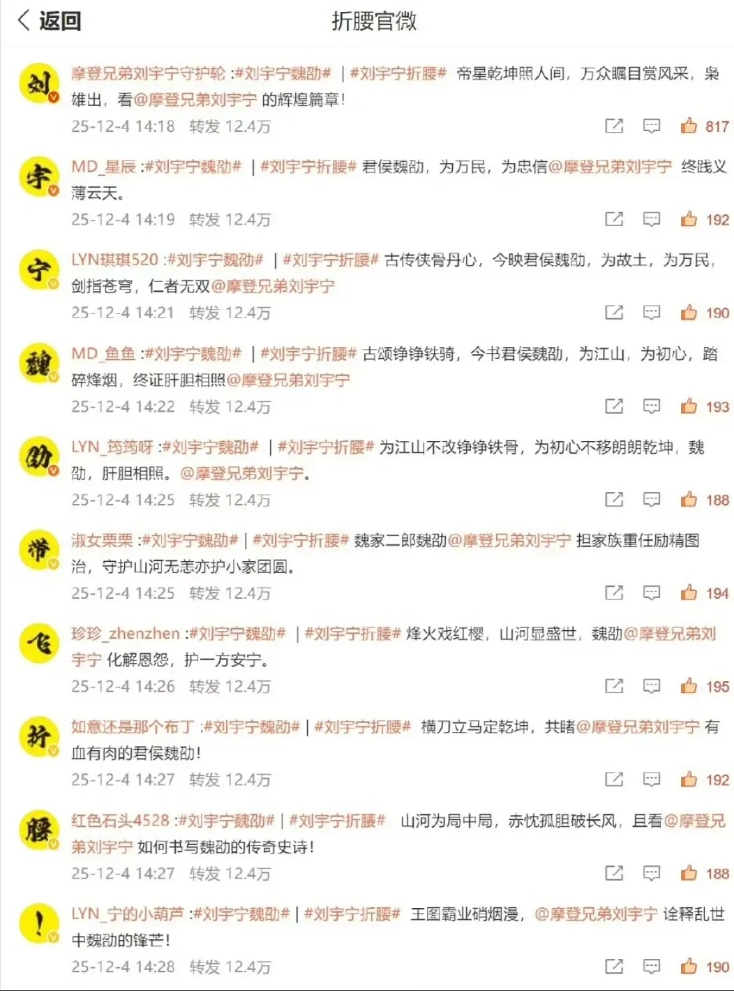 折腰都播出这么久了，刘宇宁粉丝在折腰官博给宋祖儿排字了，你们觉得观众是冲着谁去看