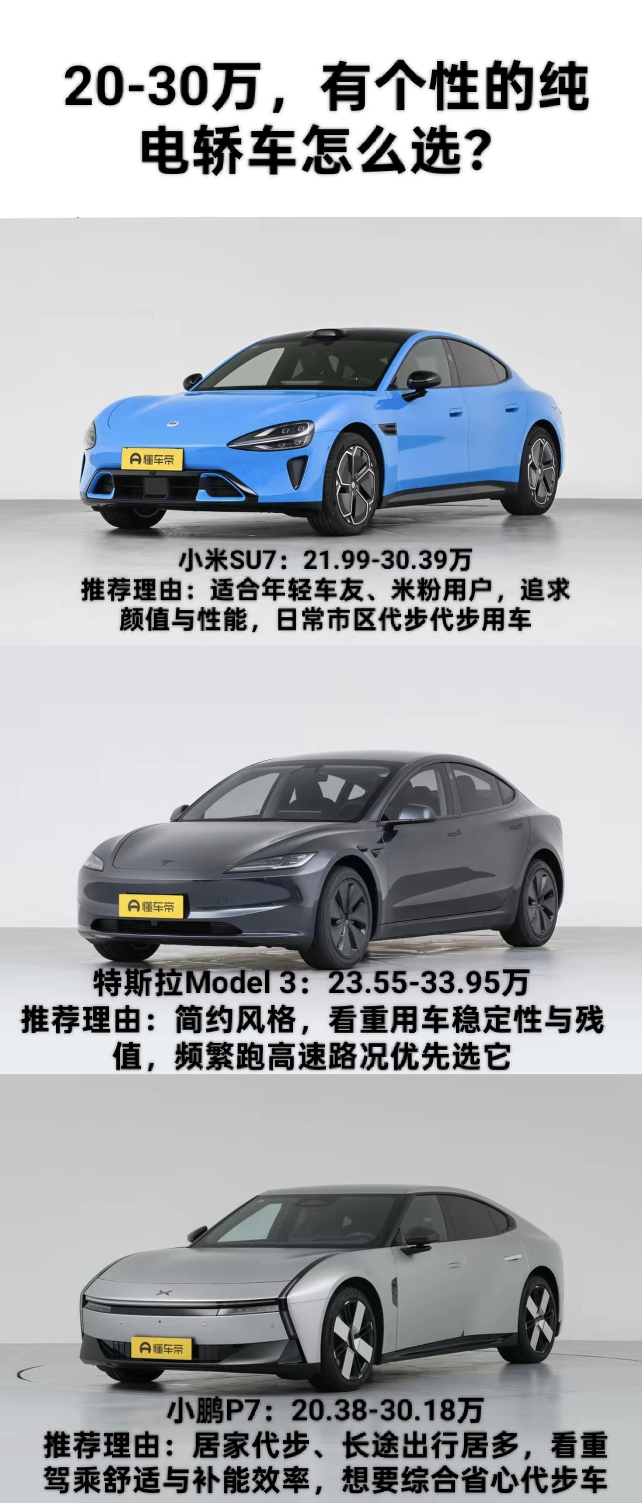 20-30万之间想买台颜值高，动力好，有个性的纯电轿车应该怎么选？我找到了三款车